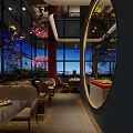 Restaurant Interior Design With Circular Golden Framed Mirror Green Plant And Dining Tables