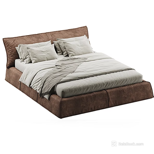 Brown Suede Double Bed With Upholstered Headboard And Gray Bedding Set 3d model 