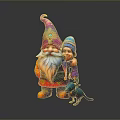 Woman Standing with Large Gnome Small Gnome and Blue Puppy in Gray Background