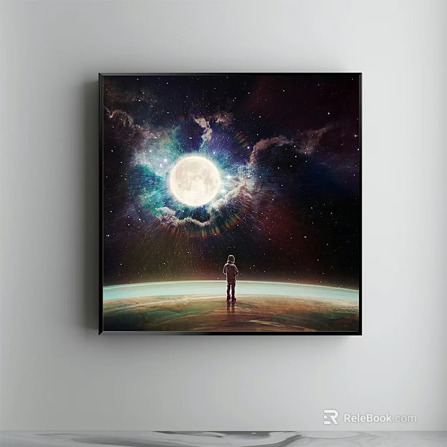 Starry Night Canvas Art With Person Standing Under Large Moon And Nebula 3d model 