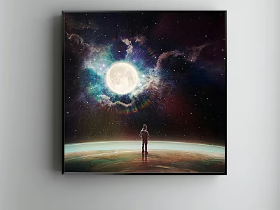 Starry Night Canvas Art With Person Standing Under Large Moon And Nebula 3d model
