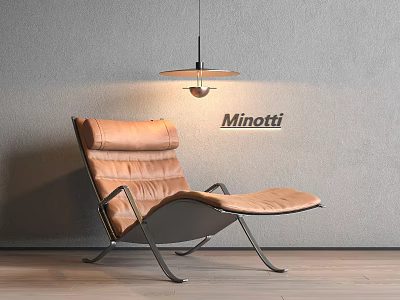 Minotti Modern Brown Leather Lounge Chair With Metal Frame Grey Wall Wooden Floor Hanging Lamp 3d model