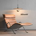 Minotti Modern Brown Leather Lounge Chair With Metal Frame Grey Wall Wooden Floor Hanging Lamp
