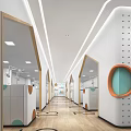 Hospital Outpatient Clinic Reception Area With Decorative Circular Wall And Wooden Flooring And Bright Lighting