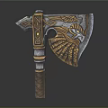 Ornate Decorative Axe With Wing Pattern Golden Details And Wooden Handle