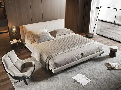 Modern Double Bed With Light Gray Bedding Wooden Wall Panel Bedside Table Lamp And Gray Armchair 3d model