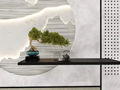 Stylish Bonsai Plant on Black Console Table with Blue Pot Against Mountain Pattern Wall 3d model