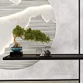 Stylish Bonsai Plant on Black Console Table with Blue Pot Against Mountain Pattern Wall