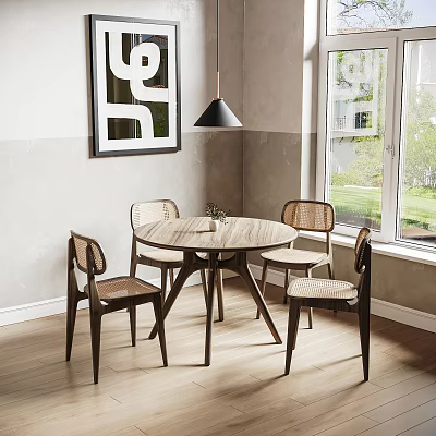 Modern Round Dining Set Featuring Wooden Table and Rattan Back Chairs with Pendant Light 3d model