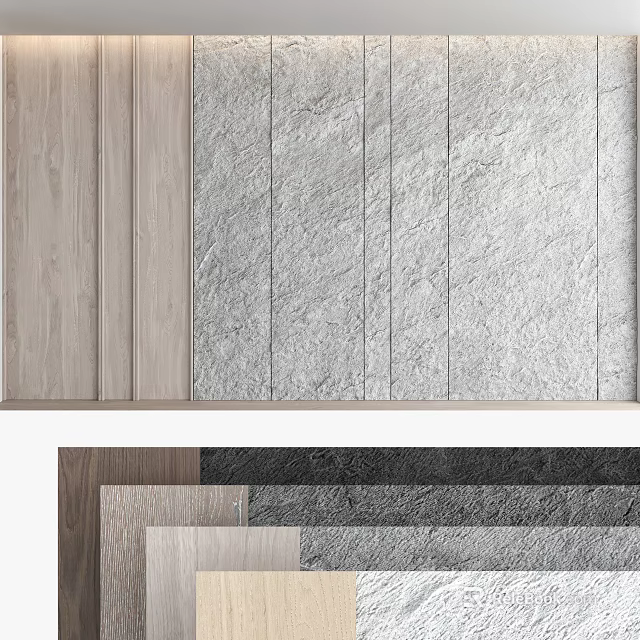 Modern Background Wall Design With Textured Wooden And Stone Panels For Home Decor 3d model 