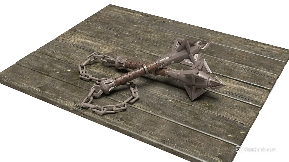 Sturdy Hardware Tool With Chain Wooden Handle And Metal Head On Wooden Plank 3d model 