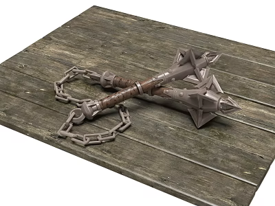 Sturdy Hardware Tool With Chain Wooden Handle And Metal Head On Wooden Plank 3d model