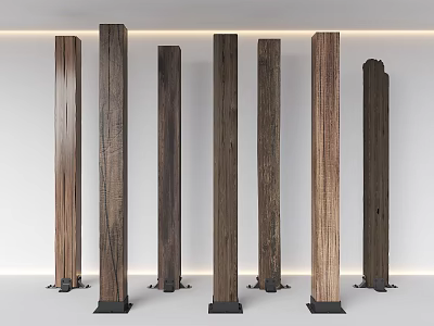 Several Wooden Columns With Various Wood Tones And Black Bases In Modern Indoor Design 3d model