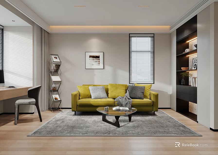 Cozy Study Room Interior With Yellow Sofa Gray Rug Wooden Floor And Bookshelves 3d model 