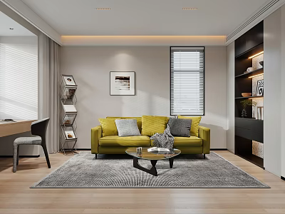 Cozy Study Room Interior With Yellow Sofa Gray Rug Wooden Floor And Bookshelves 3d model