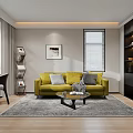 Cozy Study Room Interior With Yellow Sofa Gray Rug Wooden Floor And Bookshelves