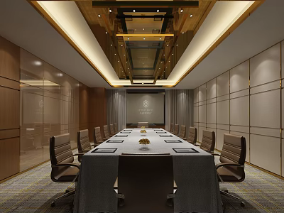 Modern Conference Room Interior With Long Table Leather Chairs And Projection Screen 3d model