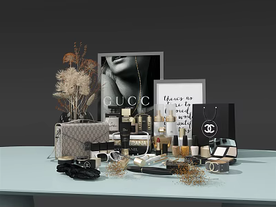 Luxury Gucci and Chanel Perfumes Cosmetics Display With Designer Handbags Framed Art and Dried Flowers 3d model
