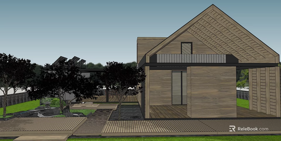 Modern Detached Villa Wooden Exterior With Garden Trees And Patio Design 3d model 