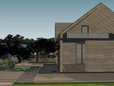 Modern Detached Villa Wooden Exterior With Garden Trees And Patio Design 3d model