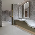 Modern Elegant Public Restroom With Marble Decor Double Mirrors Washbasins And Private Cubicles