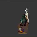 Whimsical Magic Themed Scene Decoration With Wooden Shelf Bottles Jars Brick Wall And Ghost Decorations