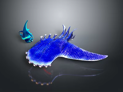 Two Blue Aquatic Animal Sculptures With Glass Like Bodies And Transparent Fins 3d model