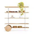 Wooden Multi Layer Curved Shelving Unit With Green Plant Bowls and Book