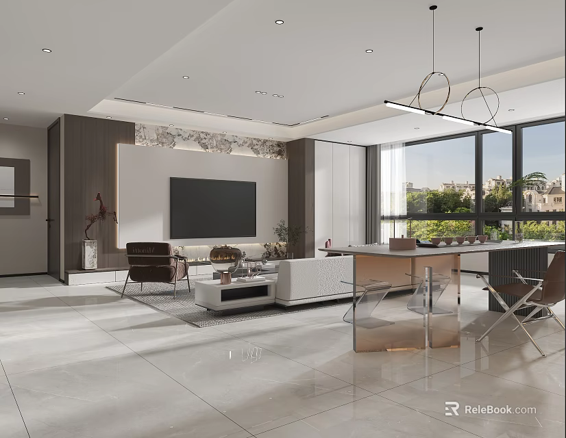 Modern Living Dining Room Interior With Open Design Sofa TV Dining Table And Large Windows 3d model