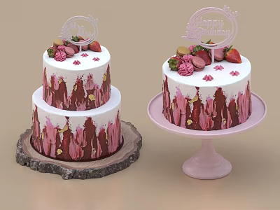 Two Layer Birthday Cake With Strawberries Happy Birthday Topper And Decorative Cream 3d model