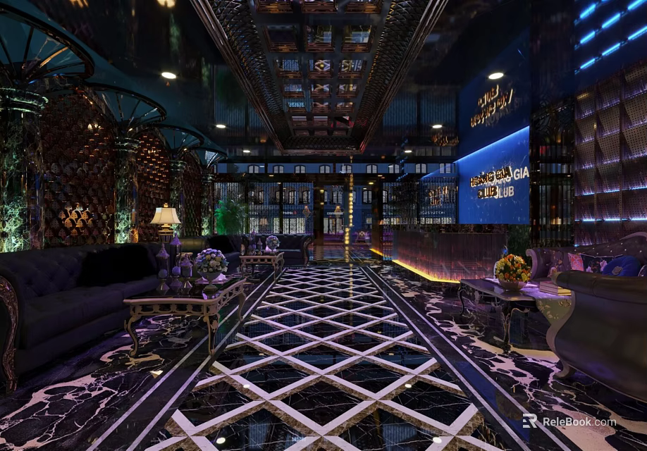 Elegant Bar Interior With Geometric Pattern Floor Comfortable Sofas And Stylish Lighting Decor 3d model 