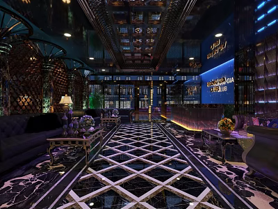 Elegant Bar Interior With Geometric Pattern Floor Comfortable Sofas And Stylish Lighting Decor 3d model