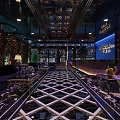 Elegant Bar Interior With Geometric Pattern Floor Comfortable Sofas And Stylish Lighting Decor 3d model