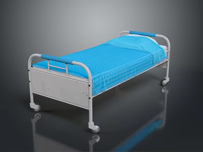 White Frame Hospital Bed With Blue Mattress Armrests And Movable Wheels 3d model
