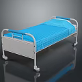 White Frame Hospital Bed With Blue Mattress Armrests And Movable Wheels