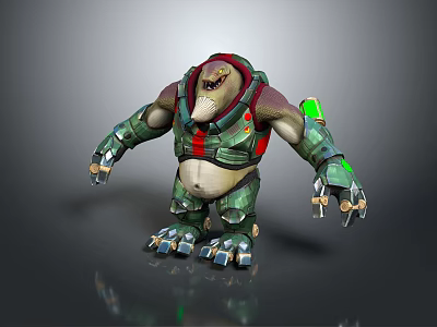 Game Movie Character With Green Armor Red Accents Mechanical Arms And Clawed Hands 3d model