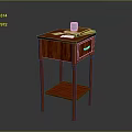 Red Wooden Side Table Featuring Blue Cup Book Papers Drawer And Lower Shelf