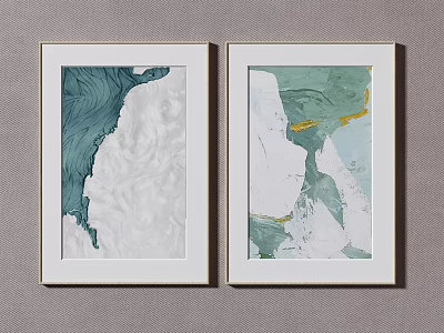 Two White Framed Abstract Paintings With Green White Yellow Tones On Neutral Background 3d model