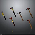 Various Claw Hammer Weapons Featuring Red White Black Brown Handles And Different Materials Displayed 3d model