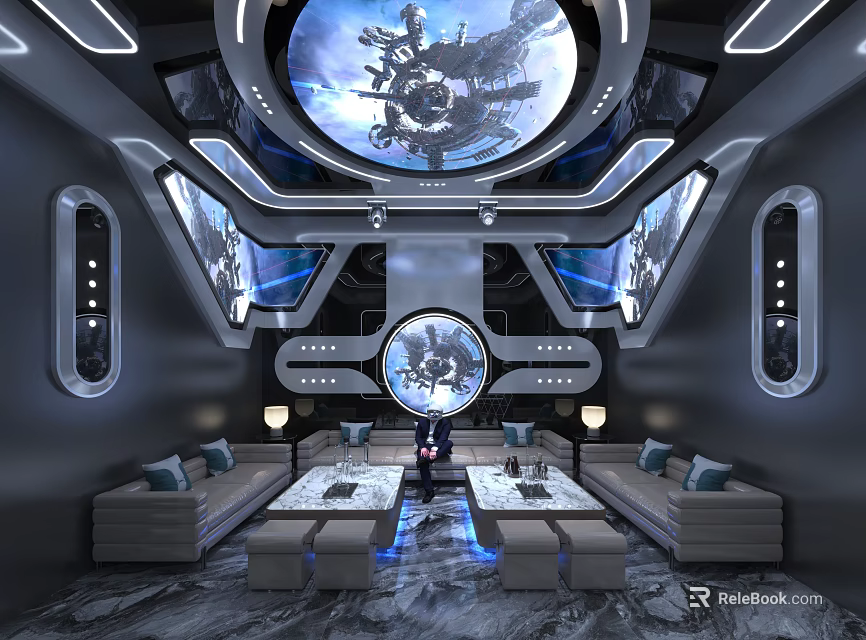 Futuristic KTV Room Interior With Sofas Tables And Sci Fi Screens 3d model 