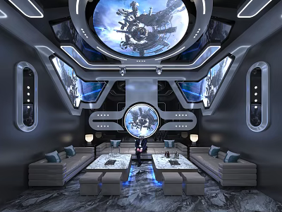 Futuristic KTV Room Interior With Sofas Tables And Sci Fi Screens 3d model