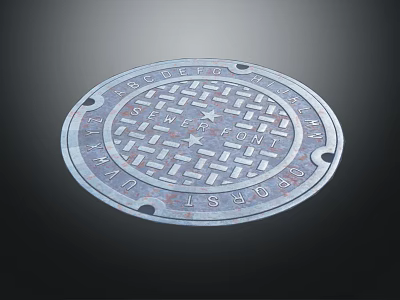 Circular Manhole Cover With Text Lattice Pattern And Metallic Surface 3d model