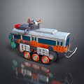 Toy Vehicle with Orange and Silver Body Multiple Wheels and Top Mechanical Equipment
