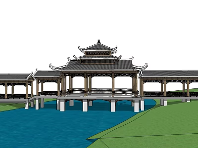Chinese Style Landscape Bridge with Traditional Pavilion Multi Tiered Eaves Water Below and Green Surroundings 3d model