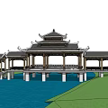 Chinese Style Landscape Bridge with Traditional Pavilion Multi Tiered Eaves Water Below and Green Surroundings