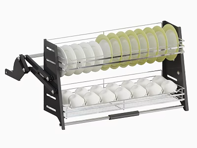 Kitchen Dish Drying Rack With Layers Holding White And Green Rimmed Plates And Bowls 3d model