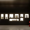 Modern Office Corridor With Black Arched Ceiling Gray Walls Red Chair And Side Lighting