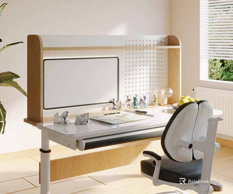 Modern Height Adjustable Office Desk With White Desktop Perforated Backboard Ergonomic Chair And Natural Light 3d model 