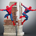 Spider Man Characters Leaping From Broken Brick Pillars With Ornate Stone Bases 3d model