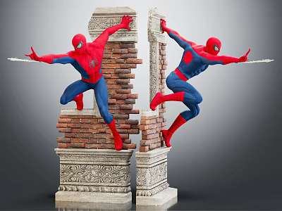 Spider Man Characters Leaping From Broken Brick Pillars With Ornate Stone Bases 3d model